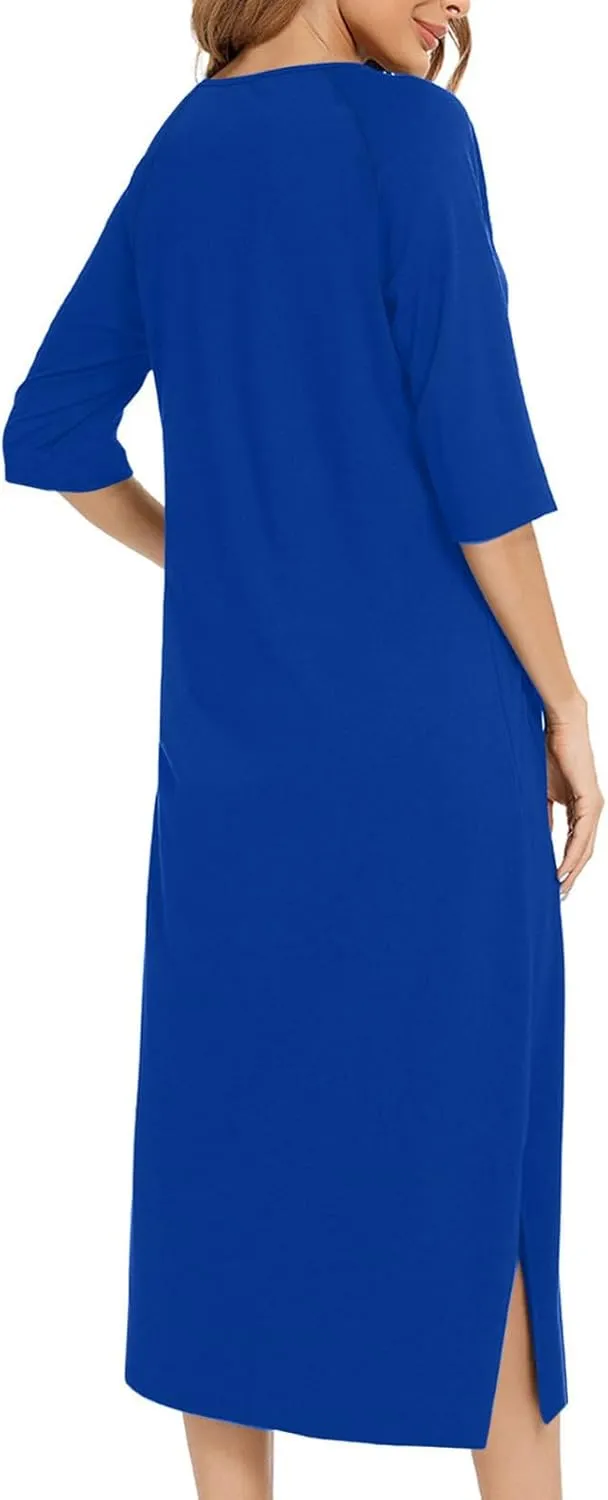 Zip Up Robes for Women 3/4 Sleeve Nightgowns with Pockets Loose Zip Front Dress Comfy Sleep Dress Soft Housecoat