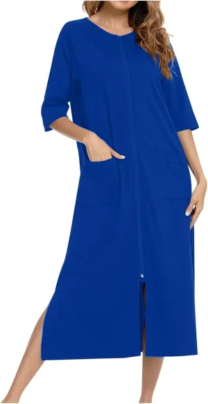 Zip Up Robes for Women 3/4 Sleeve Nightgowns with Pockets Loose Zip Front Dress Comfy Sleep Dress Soft Housecoat