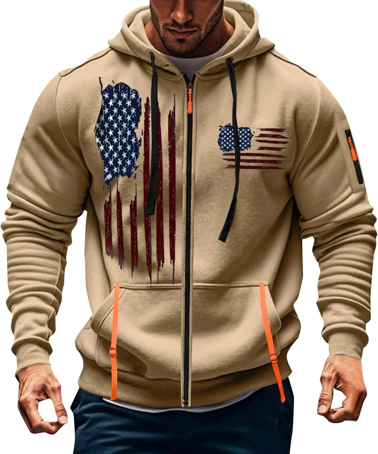 Zipper Hoodies for Men Graphic American Flag Tactical Hooded Sweatshirts Long Sleeve Athletic Jacket With Pockets