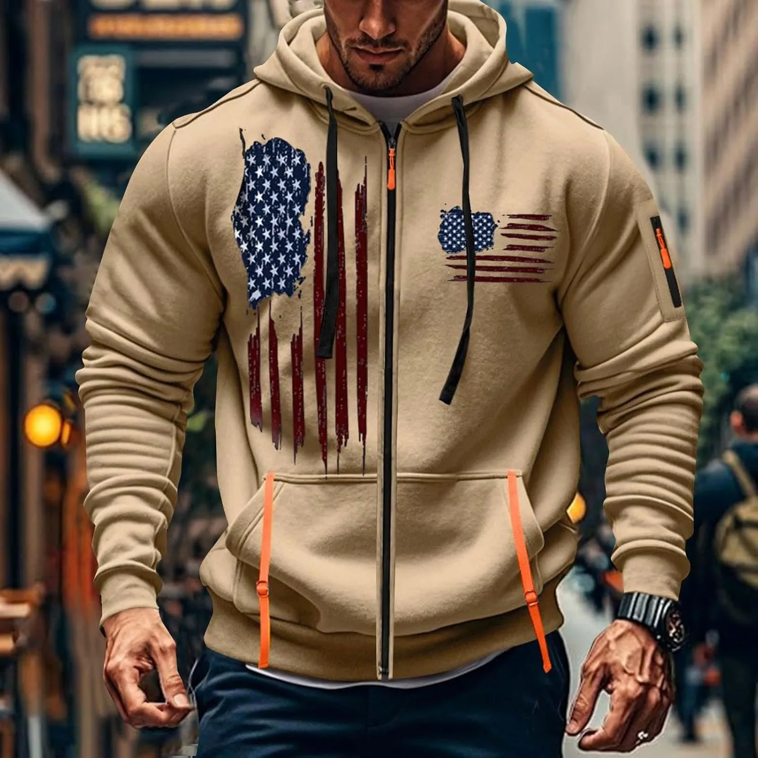 Zipper Hoodies for Men Graphic American Flag Tactical Hooded Sweatshirts Long Sleeve Athletic Jacket With Pockets