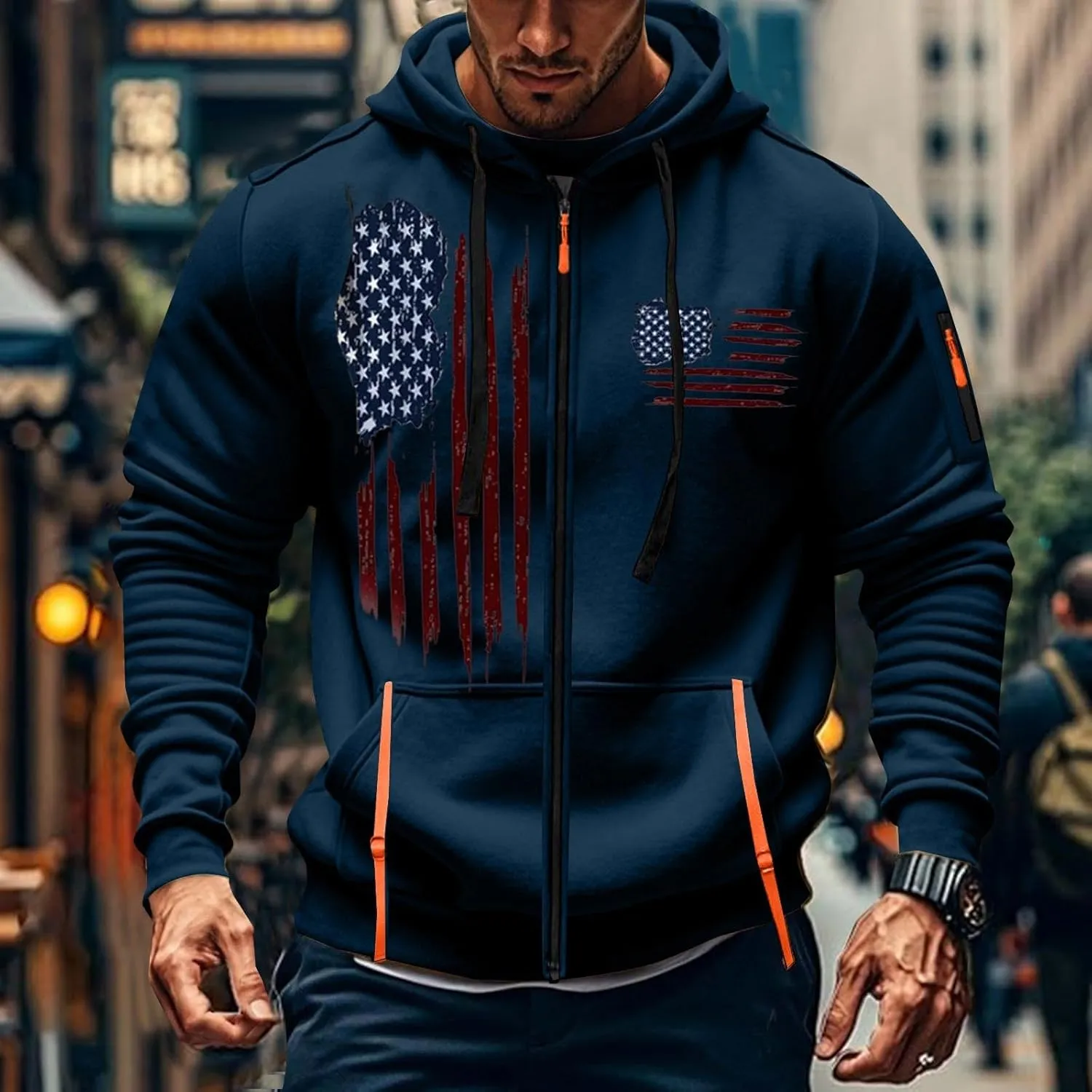 Zipper Hoodies for Men Graphic American Flag Tactical Hooded Sweatshirts Long Sleeve Athletic Jacket With Pockets